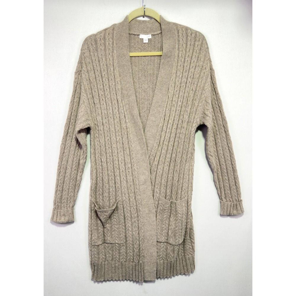 J Jill Womens L Cable Knit Long Cardigan Wool Blend Oatmeal Open Front Pockets